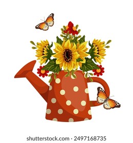 Colorful bouquet with autumn flowers and leaves in vintage vases and butterflies. Vector graphics.
