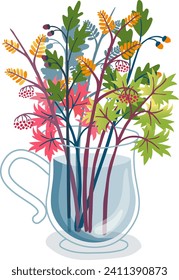 Colorful bouquet of autumn leaves and berries in a transparent cup. Fall season floral arrangement. Cozy home decoration vector illustration.