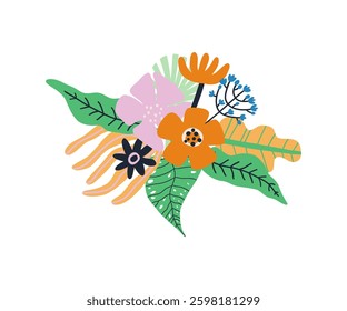 A colorful bouquet of exotic leaves and flowers with soft pastel colors. Hand drawn illustration.