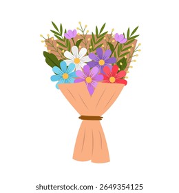 Colorful bouquet of flower isolated on white background. Bunch of spring flowers with long leaves inside bouquet. Vector stock