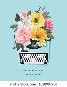 colorful bouquet of flower in typewriter illustration