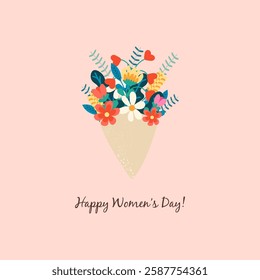 A colorful bouquet of flowers in a cone shape with decorative elements and the inscription Happy Women’s Day! on a light background. Perfect for greeting cards, posters, banners, and Women’s Day
