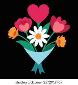 Colorful Bouquet of Flowers with Heart-Shaped Accents on Black Background