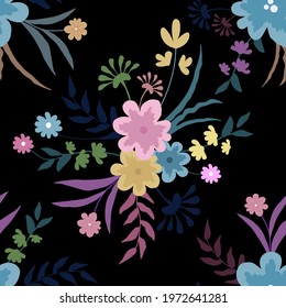Colorful bouquet of flowers on a black background. Vector seamless pattern