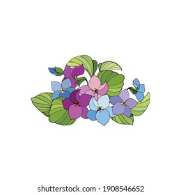 Un ramo colorido de violetas del bosque. Imágenes vectoriales para el diseño de camisetas, postales, scrapbooking.