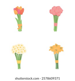 Colorful bouquet icons set cartoon vector. Various summer flower bouquet. Nature, plant