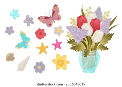 Colorful bouquet with red tulips, white tulips, and purple flowers in a blue vase alongside scattered butterflies, flowers, seashells, and starfish. white background