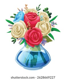 Colorful bouquet of red, white and blue roses in a clear vase with water. Vector cartoon illustration