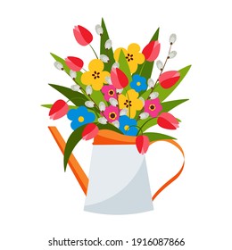 Colorful bouquet of spring flowers, tulips, pussy willow in pot. Vector illustration.