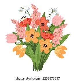 Colorful bouquet of spring flowers. Tulips and hyacinths. Red, pink, yellow and green colors.Vector floral clip art on white background.Print on fabric and paper.Hand drawn isolated illustration.