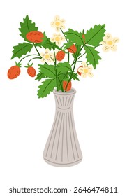 Colorful bouquet of strawberries, leaves and flowers arranged in a decorative vase. Represents freshness, summer harvest, natural beauty and rustic home decor