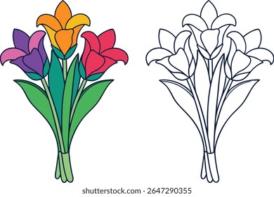 Colorful bouquet of stylized flowers with orange purple and red blooms and green leaves on white