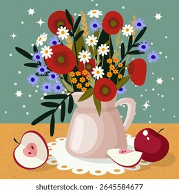 Colorful bouquet of wildflowers in a ceramic vase with apples on a table. Flat vector still life with poppies, daisies, cornflowers. Cozy floral composition for summer or country-themed designs.