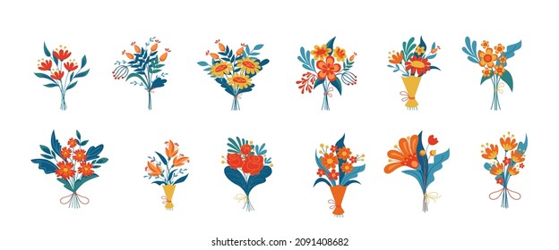 Colorful bouquets of different flowers vector illustrations set. Blooming plants as gifts, meadow or garden flowers isolated on white background. Nature, gardening, decoration, botany concept