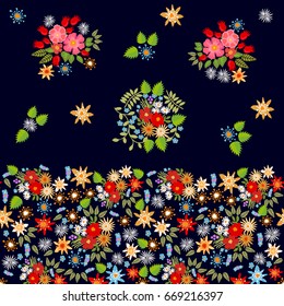 Colorful bouquets with Spanish ans Persian motifs. Bright flowers on black background.