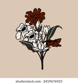 Colorful of Bouquets. Trendy botanical elements. Wild flowers and leaves