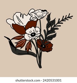 Colorful of Bouquets. Trendy botanical elements. Wild flowers and leaves	