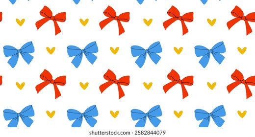 A Colorful Bow Pattern featuring Hearts adorning a White Background for a festive touch