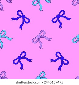 Colorful bow ribbon seamless pattern in doodle style. Hand drawn festive background with knots for party birthday fabric greeting card. Repeat vector illustration