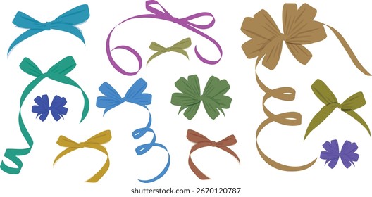 Lazo colorido y colección de Vector de la cinta en estilo moderno plano. Perfecto para la moda, boda, vacaciones, cumpleaños, fiesta, envoltura de regalo, decoración, diseños festivos, invitaciones y proyectos creativos.
