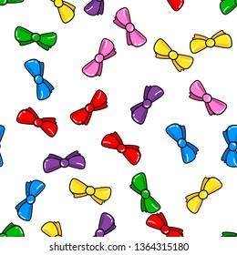Colorful bow seamless pattern on white background. Paper print design. Abstract retro vector illustration. Trendy textile, fabric, wrapping. Modern space decoration.