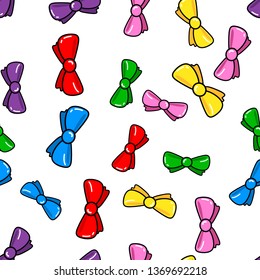 Colorful bow seamless pattern on white background. Paper print design. Abstract retro vector illustration. Trendy textile, fabric, wrapping. Modern space decoration.