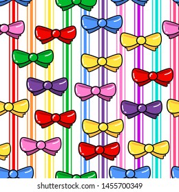 Colorful bow seamless pattern on white background. Paper print design. Abstract retro vector illustration. Trendy textile, fabric, wrapping. Modern space decoration.