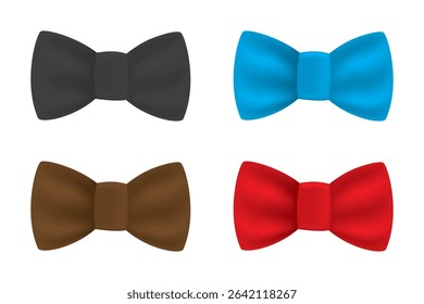 Colorful bow tie icon set in black, blue, brown, and red for men’s fashion and formal wear.