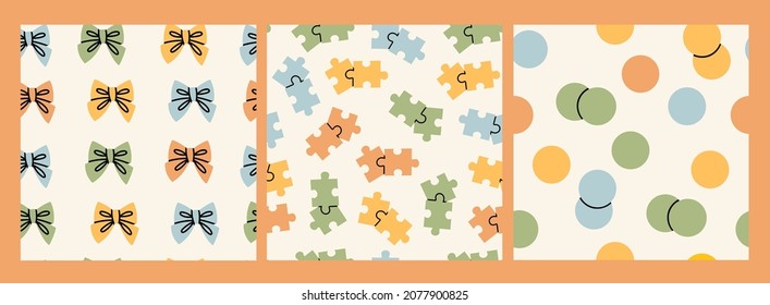 Colorful Bow Ties, jigsaw Puzzles, circles. Set of three Square seamless Patterns. Endless texture. Hand drawn modern Vector illustrations. Cartoon style. Colored backgrounds. Pastel colors