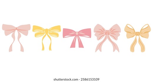 Colorful bow ties set, yellow pink elegant bow ties and ribbons