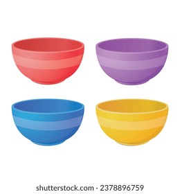 The Colorful of Bowl, Empty plastic bowls of different forms with shadows isolated on white background. Set of vector dish icons, Empty bowl set with colorful in vector. Set of Noodle bowl vector