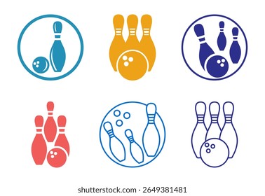 Ícones coloridos de boliche com pinos e bolas isolados no fundo branco