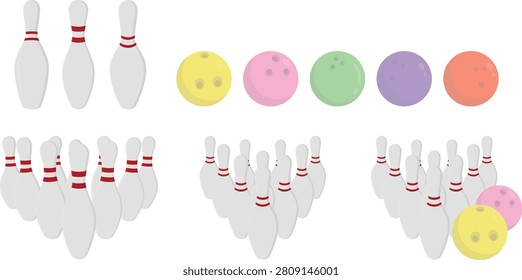 Colorful bowling pins and bowling balls vector illustration collection for bowling game, sports poster, alley graphic, and recreational design