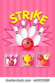 Colorful bowling strike template with skittles balls and cup on light pink striped background vector illustration