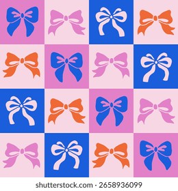 Lazos coloridos en cuadros sin patrón. Fondo de tablero de ajedrez minimalista moderno con nudos atados dibujados a mano en la textura del tablero de ajedrez. Repetir Ilustración vectorial
