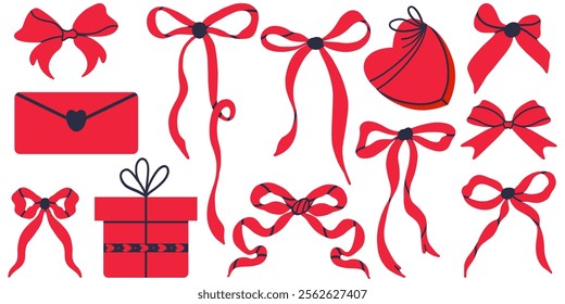 Colorful bows, gift bows and gifts. Simple hand drawn ribbon bow collection. A large set of bows and gift ribbons for decoration.