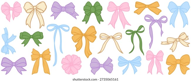 Colorful bows, gift bows. Simple hand drawn ribbon bow collection. Bowknot for decoration, big set