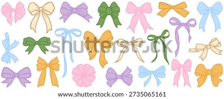 Colorful bows, gift bows. Simple hand drawn ribbon bow collection. Bowknot for decoration, big set