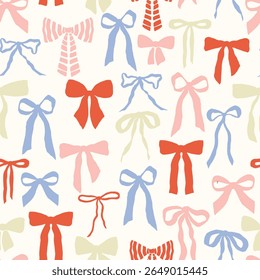 Colorful bows and ribbons collection: vector flat design isolated on white background. Seamless cute pattern Festive Bundle of Cute and Elegant Elements - Adorable Coquette Aesthetic Trendy Ribbon Bow