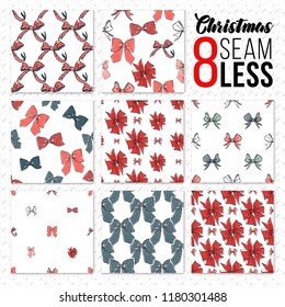 Colorful bows, seamless patterns set. Hand draws Christmas bow. Design kit for decoration xmas cards.
