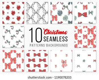 Colorful bows, seamless patterns set. Hand draws Christmas bow. Design kit for decoration xmas cards.
