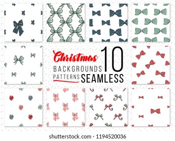 Colorful bows, seamless patterns set. Hand draws Christmas bow. Design kit for decoration xmas cards.