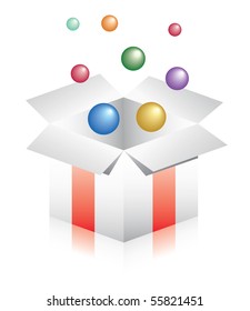 colorful box with fun spheres going out