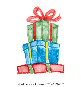 Colorful box with ribbon, gift box painted with watercolor. Design element for holidays and shopping.