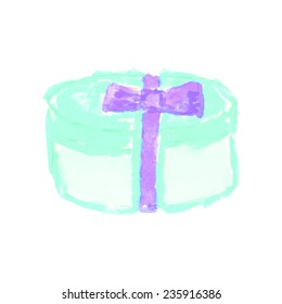 Colorful box with ribbon, gift box painted with watercolor. Design element for holidays and shopping.