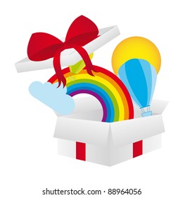colorful box surprise with rainbow and air balloons. vector