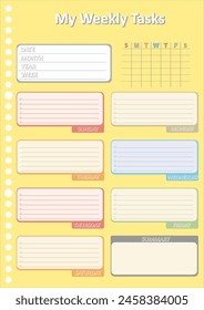 Colorful Box Template Design with in Yellow for Weekly School ActivityTasks. 26 Holes Loose-Leaf Replacement Paper. Ready to Print