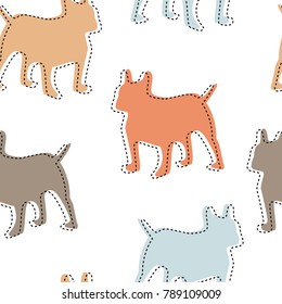 Colorful boxer dog repeating seamless pattern, colors of light blue, brown and orange. Hand drawn illustration