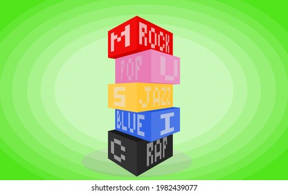 colorful boxes tower with MUSIC and type of music words isolated on green looper background, 3d vector perspective illustration art design background.