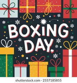Colorful Boxing Day vector with gift boxes and festive decorations.